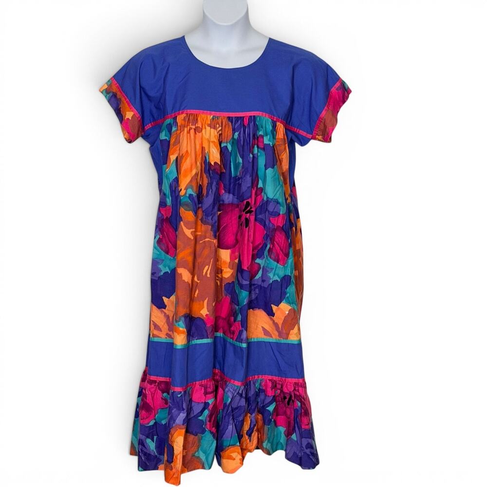 Vintage Krist Gudnason Cotton Midi Dress Floral Colorblock Boho Pockets Size L